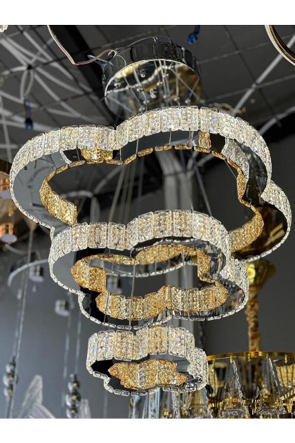 40' LIK MODERN SARKIT ÜÇLÜ KRİSTAL TAŞLI KADEMELİ AVİZE 3 RENKLİ 